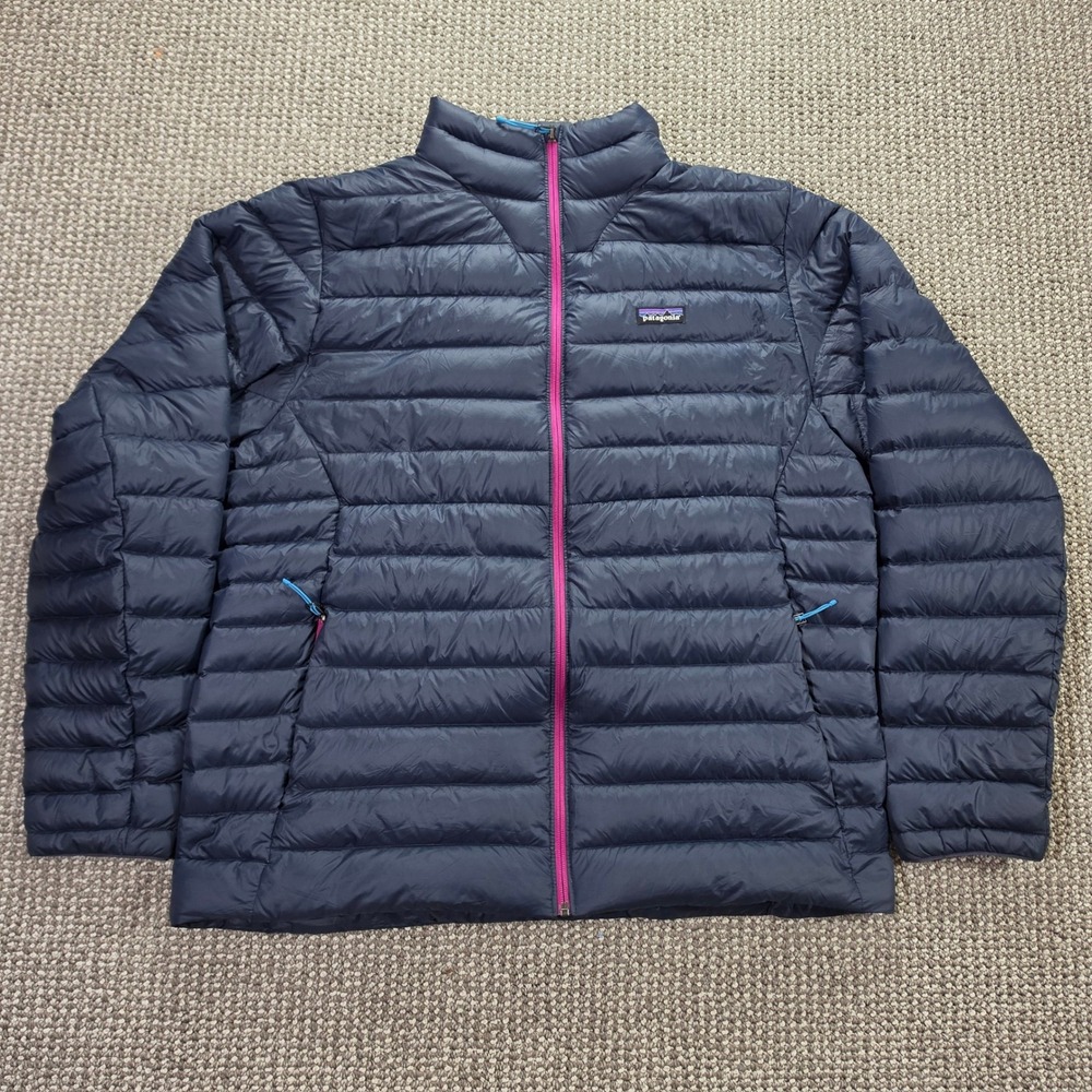 Patagonia Down Puffer Jacket Mens XXL 84675 Navy Blue Pink Zip FA22 Sweater